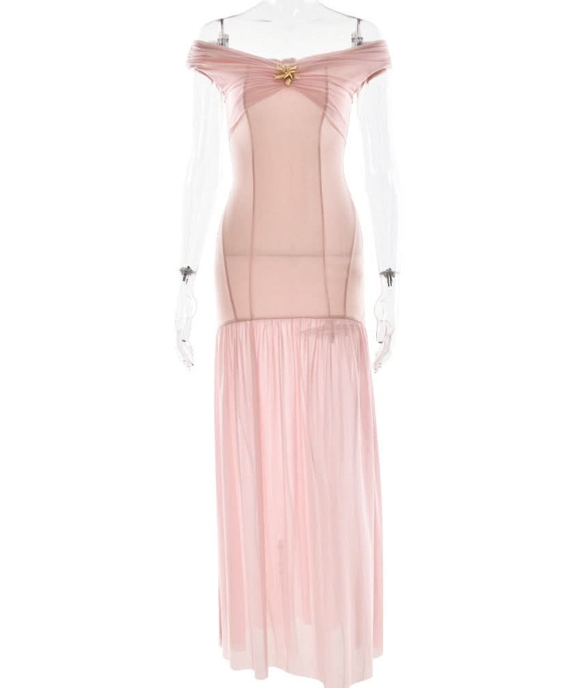 Blush Pink Off-Shoulder Mesh Maxi Dress - Enchanting Fall Gala & Holiday Party Gown