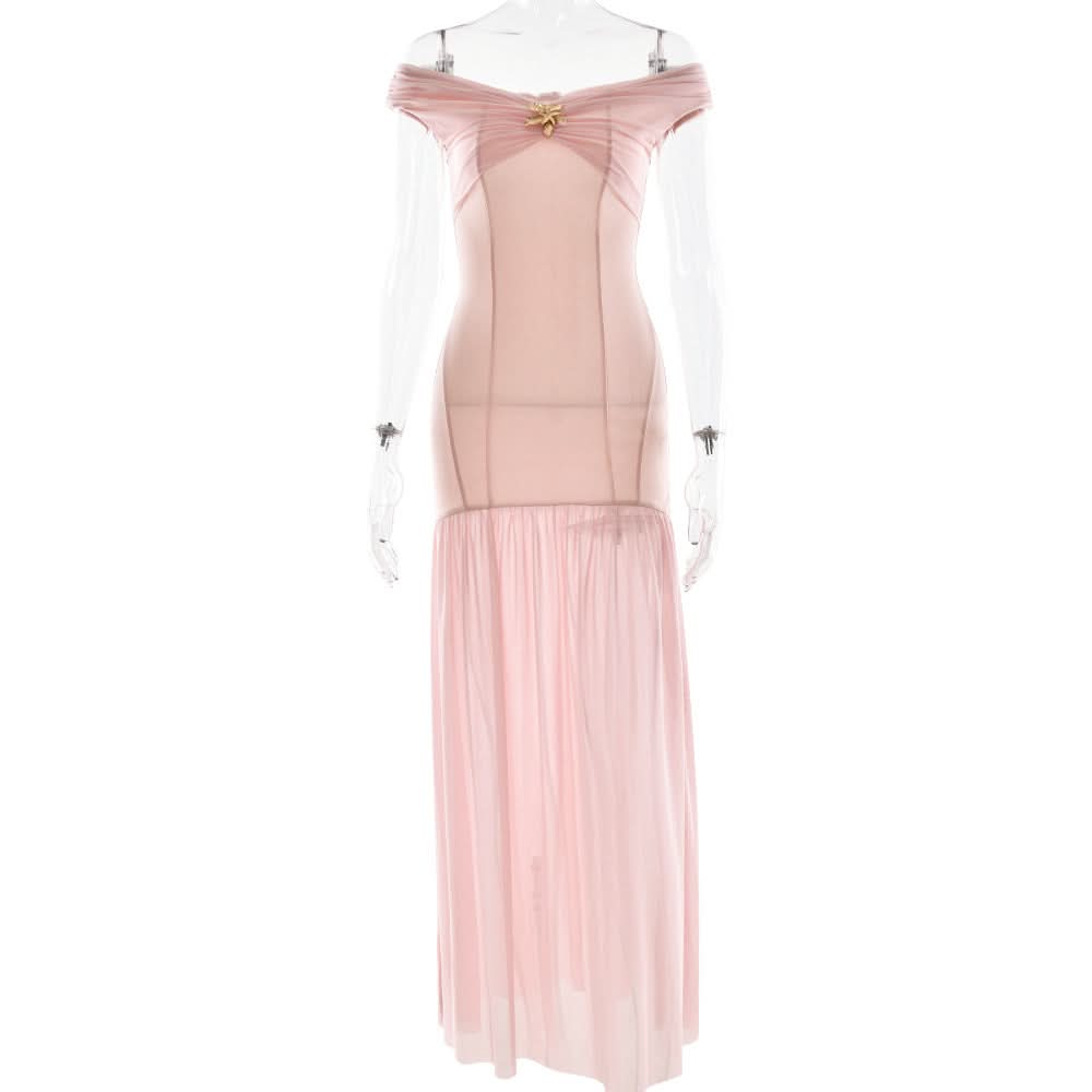 Blush Pink Off-Shoulder Mesh Maxi Dress - Enchanting Fall Gala & Holiday Party Gown