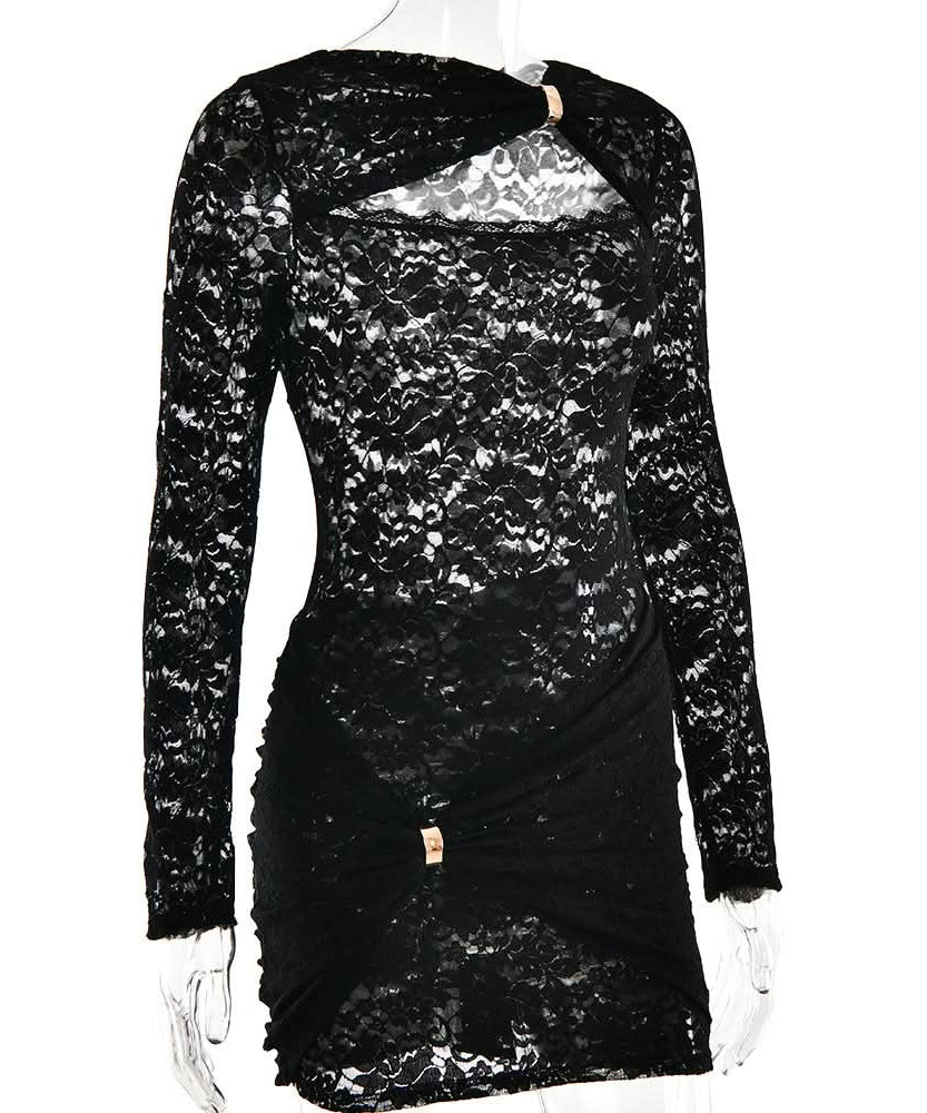 Sultry Black Lace Cut-Out Mini Dress with Gold Accent | Fall & Holiday Party Ready
