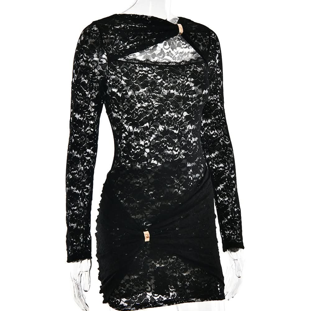 Sultry Black Lace Cut-Out Mini Dress with Gold Accent | Fall & Holiday Party Ready