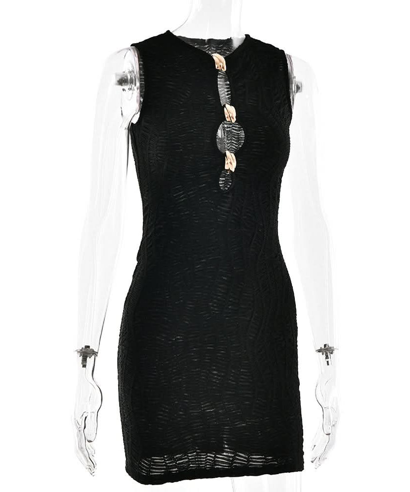 Dazzle & Shine: Black Ruched Cutout Mini Dress with Gold Hardware | Fall & Holiday Party Perfect