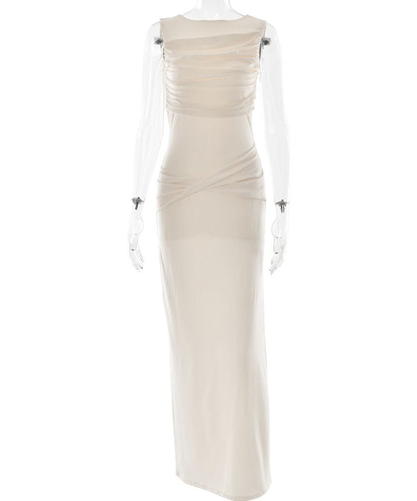 Sky Blue Ruched Maxi Dress: Elegant Sleeveless Bodycon for Fall Getaways & Resort Chic