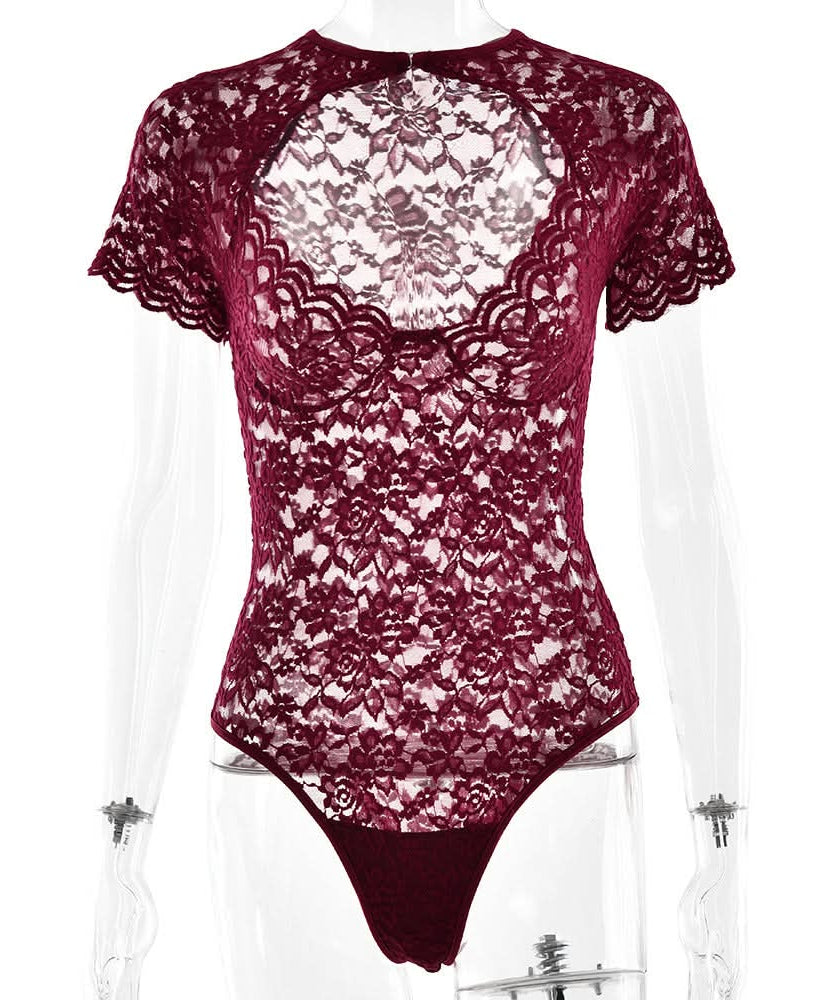 Fall Romance: Chic Burgundy Lace Bodysuit - Keyhole Short Sleeve & Scalloped Detail