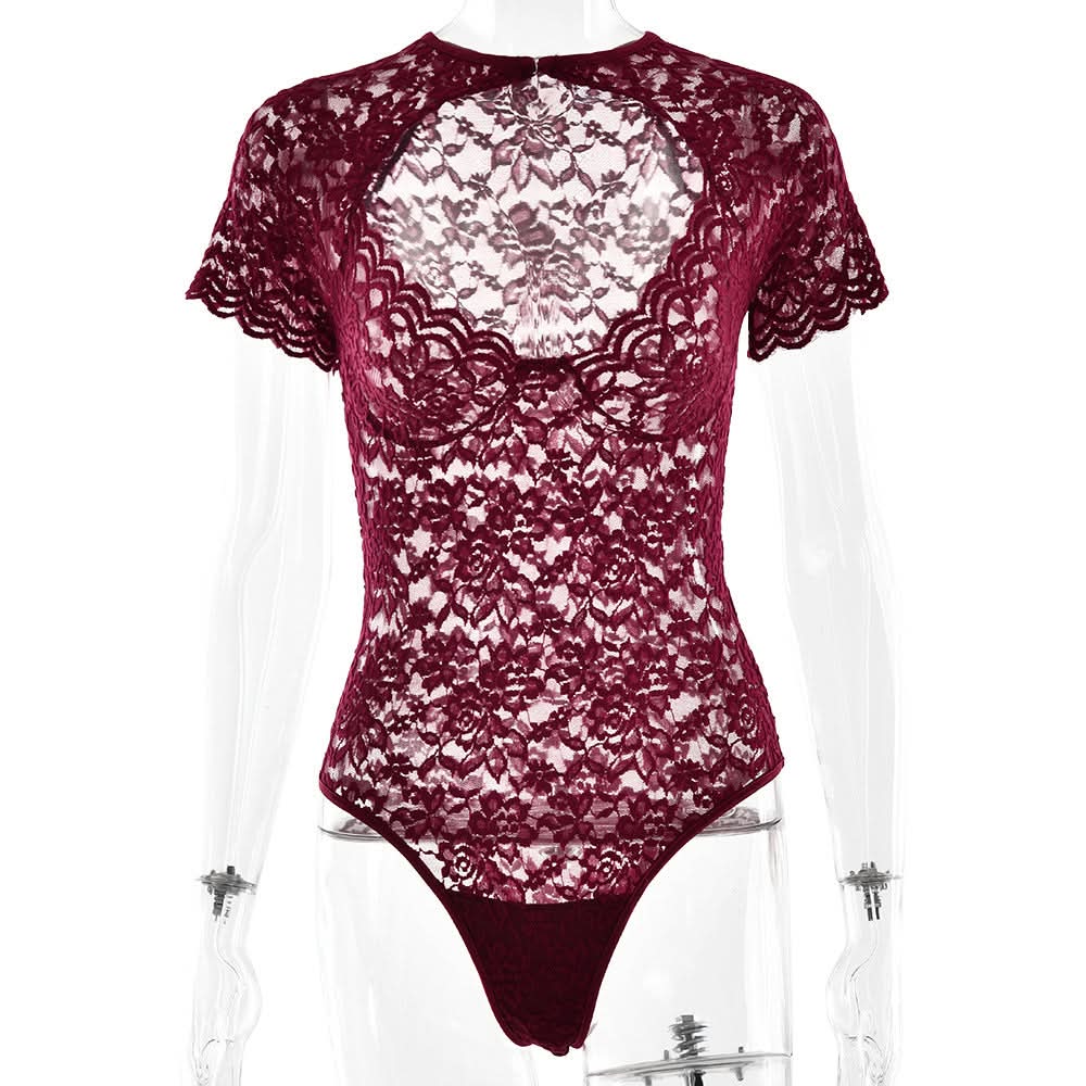 Fall Romance: Chic Burgundy Lace Bodysuit - Keyhole Short Sleeve & Scalloped Detail