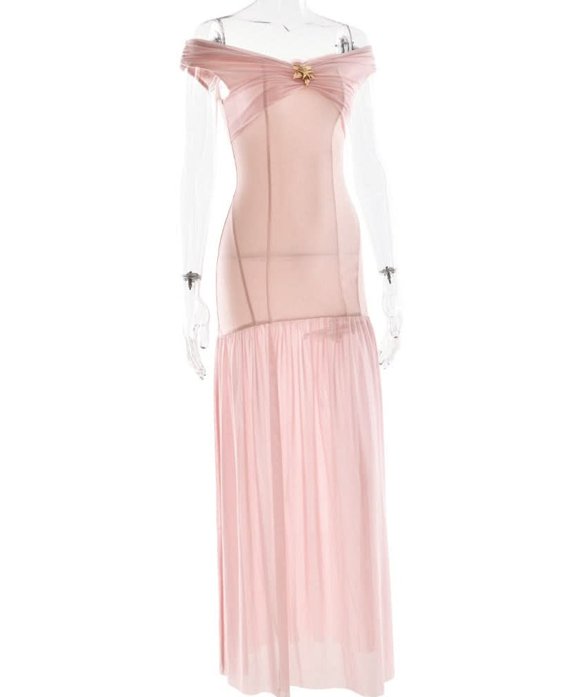 Blush Pink Off-Shoulder Mesh Maxi Dress - Enchanting Fall Gala & Holiday Party Gown
