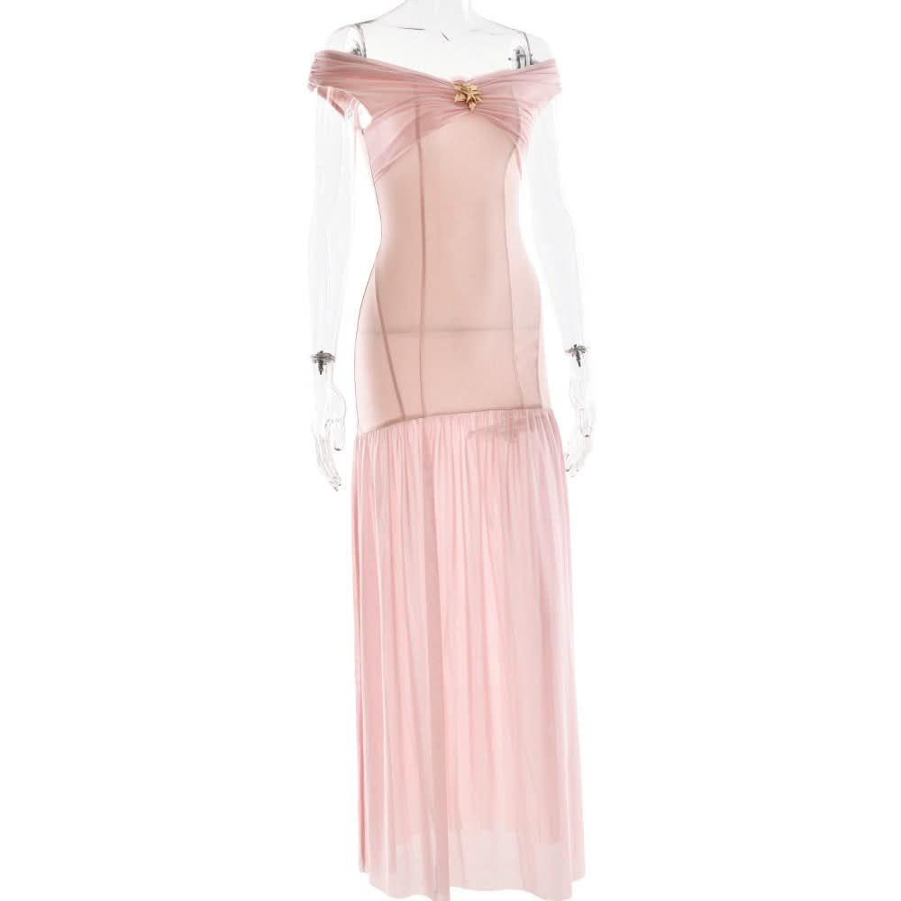 Blush Pink Off-Shoulder Mesh Maxi Dress - Enchanting Fall Gala & Holiday Party Gown