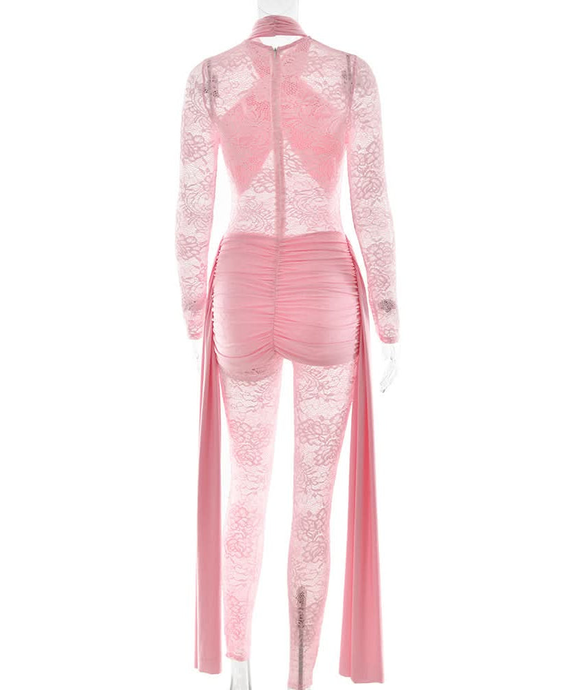 Blush Pink Lace & Ruched Jumpsuit - Daring Long Sleeve Party & Holiday Glam