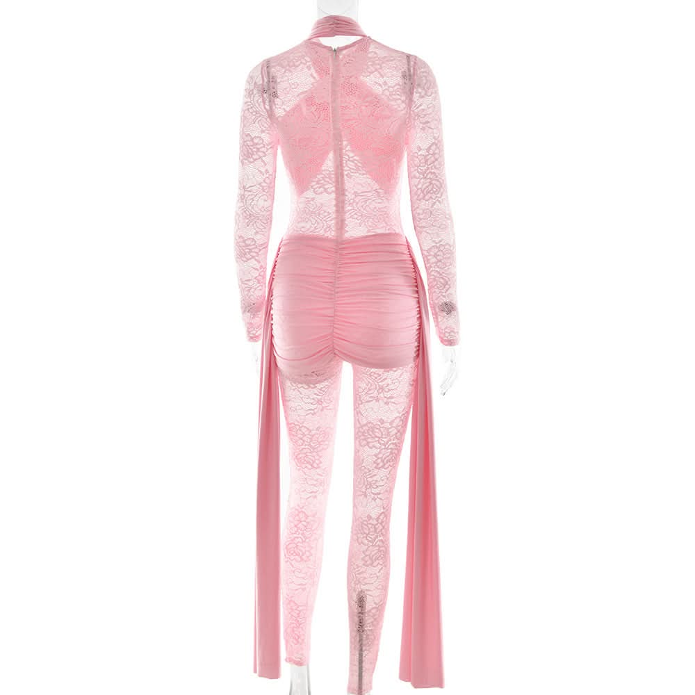 Blush Pink Lace & Ruched Jumpsuit - Daring Long Sleeve Party & Holiday Glam