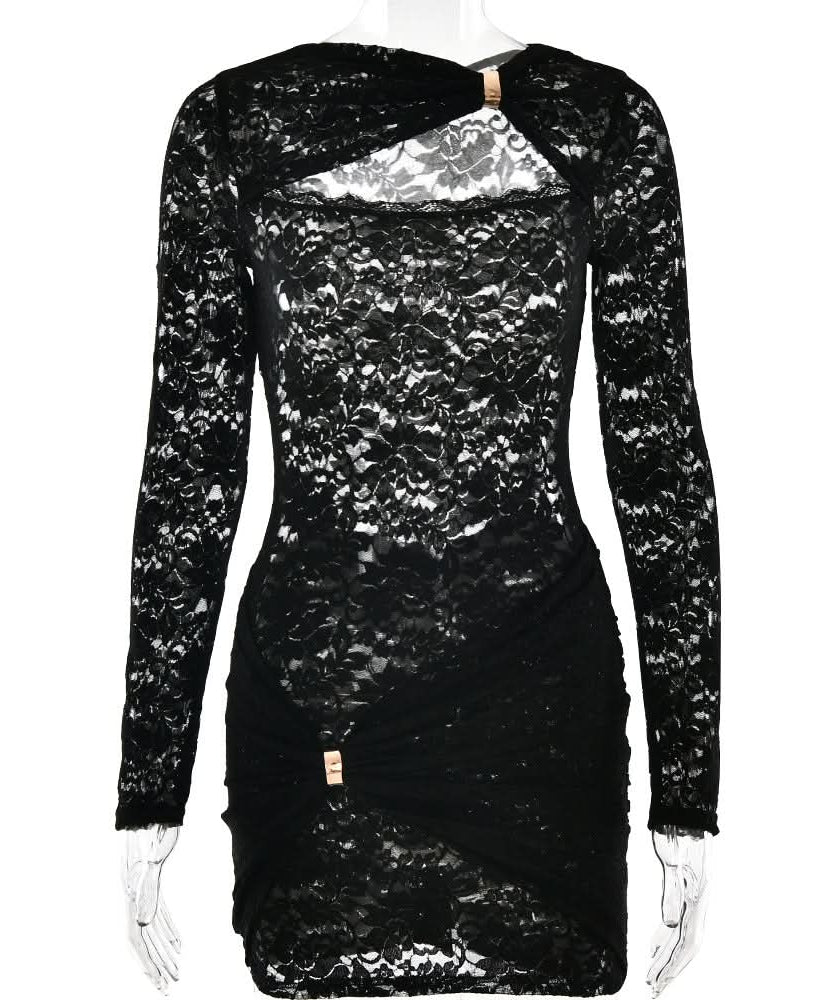Sultry Black Lace Cut-Out Mini Dress with Gold Accent | Fall & Holiday Party Ready