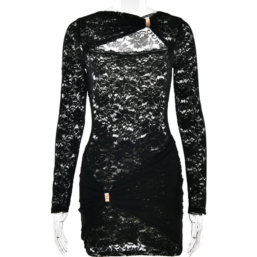 Sultry Black Lace Cut-Out Mini Dress with Gold Accent | Fall & Holiday Party Ready