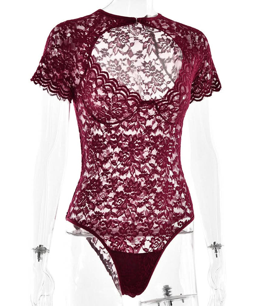 Fall Romance: Chic Burgundy Lace Bodysuit - Keyhole Short Sleeve & Scalloped Detail