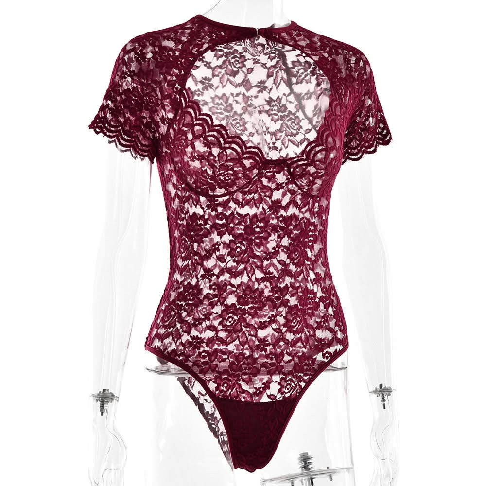 Fall Romance: Chic Burgundy Lace Bodysuit - Keyhole Short Sleeve & Scalloped Detail