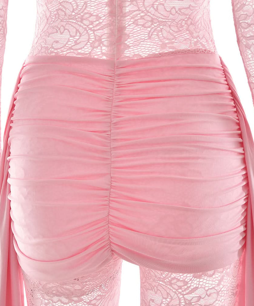 Blush Pink Lace & Ruched Jumpsuit - Daring Long Sleeve Party & Holiday Glam