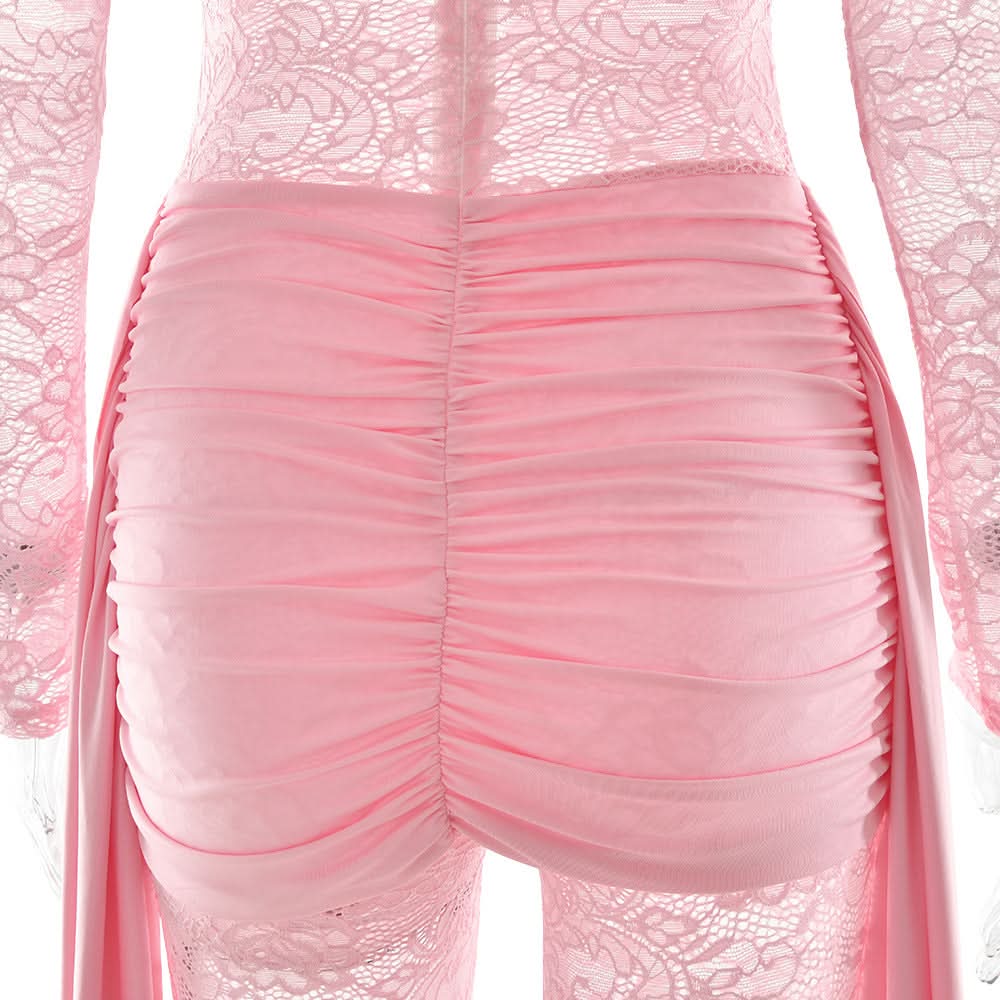 Blush Pink Lace & Ruched Jumpsuit - Daring Long Sleeve Party & Holiday Glam