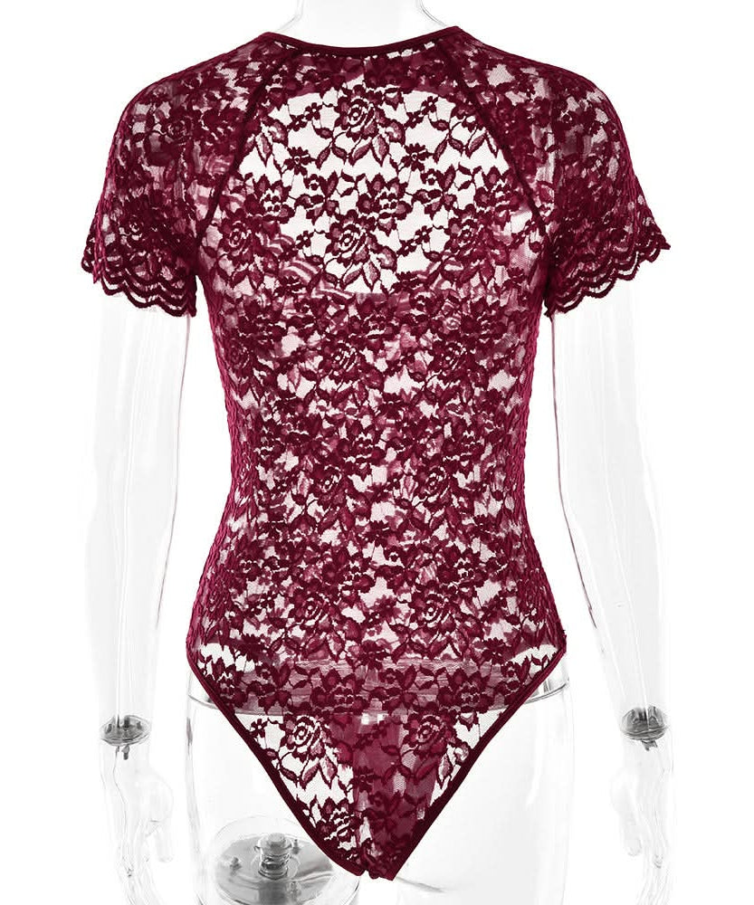 Fall Romance: Chic Burgundy Lace Bodysuit - Keyhole Short Sleeve & Scalloped Detail