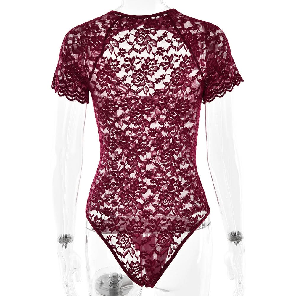 Fall Romance: Chic Burgundy Lace Bodysuit - Keyhole Short Sleeve & Scalloped Detail