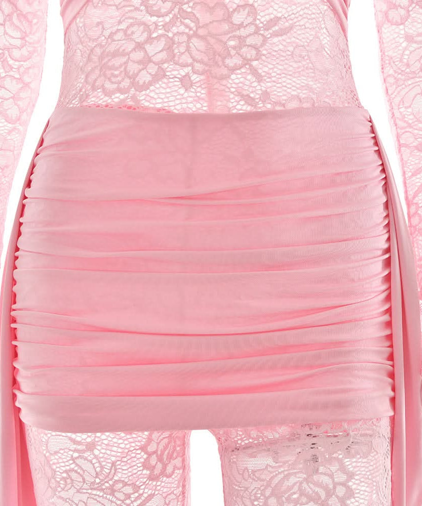 Blush Pink Lace & Ruched Jumpsuit - Daring Long Sleeve Party & Holiday Glam