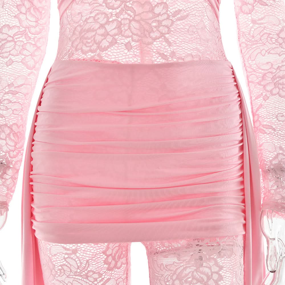 Blush Pink Lace & Ruched Jumpsuit - Daring Long Sleeve Party & Holiday Glam