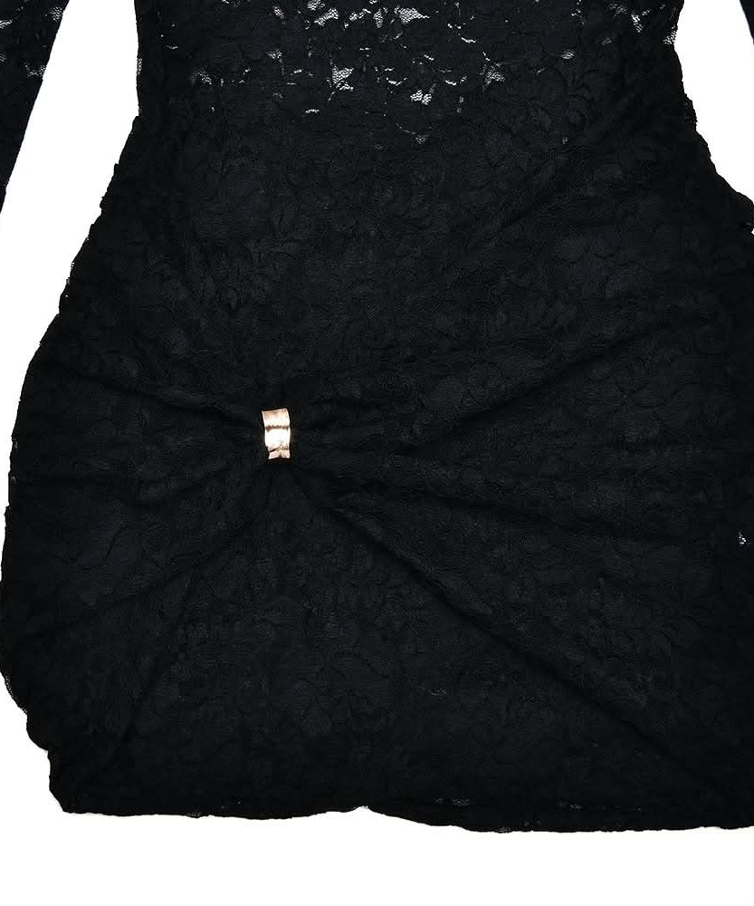 Sultry Black Lace Cut-Out Mini Dress with Gold Accent | Fall & Holiday Party Ready