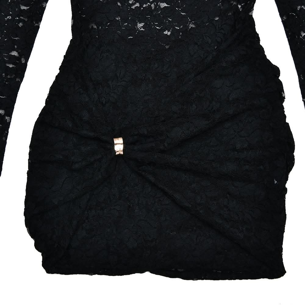 Sultry Black Lace Cut-Out Mini Dress with Gold Accent | Fall & Holiday Party Ready