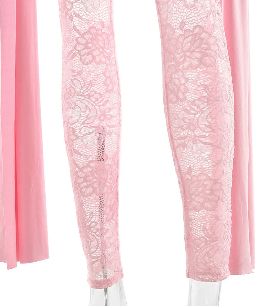 Blush Pink Lace & Ruched Jumpsuit - Daring Long Sleeve Party & Holiday Glam