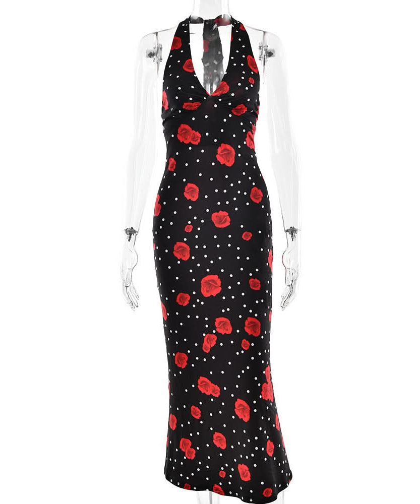Vintage Chic Red Rose & Polka Dot Halter Maxi Dress - Fall & Holiday Glamour