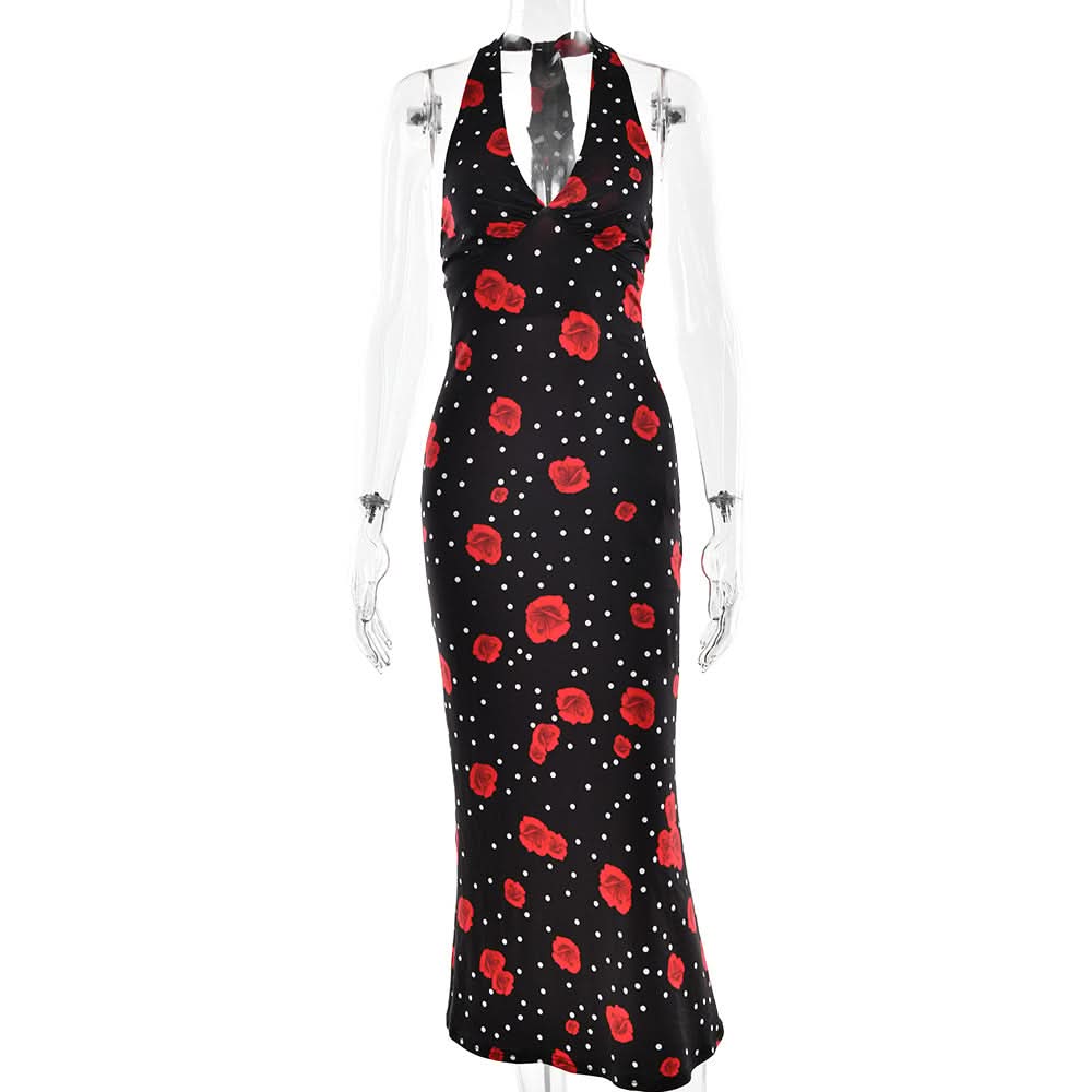 Vintage Chic Red Rose & Polka Dot Halter Maxi Dress - Fall & Holiday Glamour