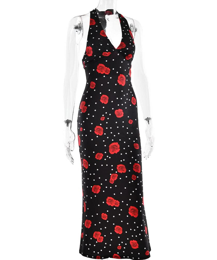Vintage Chic Red Rose & Polka Dot Halter Maxi Dress - Fall & Holiday Glamour
