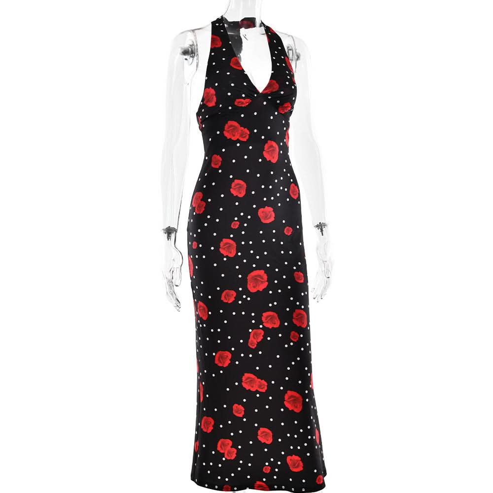 Vintage Chic Red Rose & Polka Dot Halter Maxi Dress - Fall & Holiday Glamour