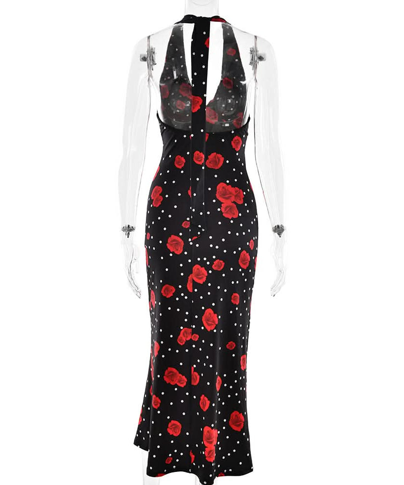 Vintage Chic Red Rose & Polka Dot Halter Maxi Dress - Fall & Holiday Glamour