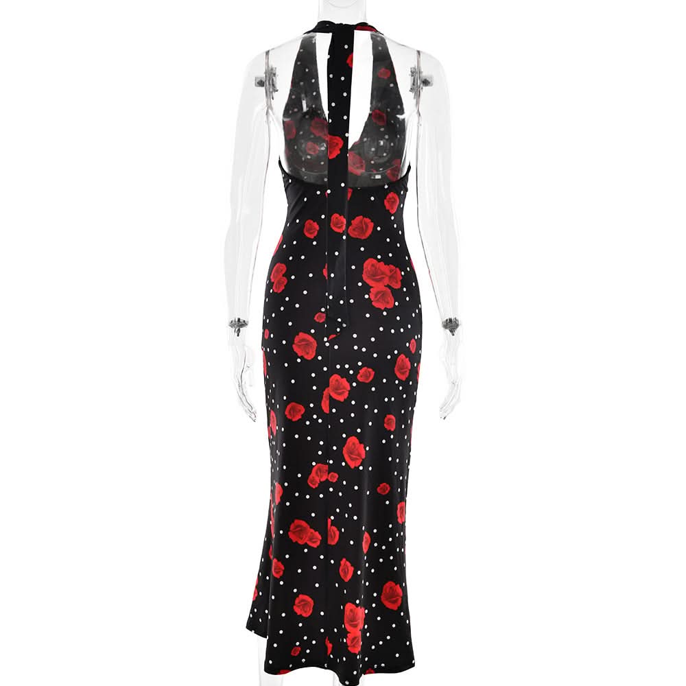 Vintage Chic Red Rose & Polka Dot Halter Maxi Dress - Fall & Holiday Glamour