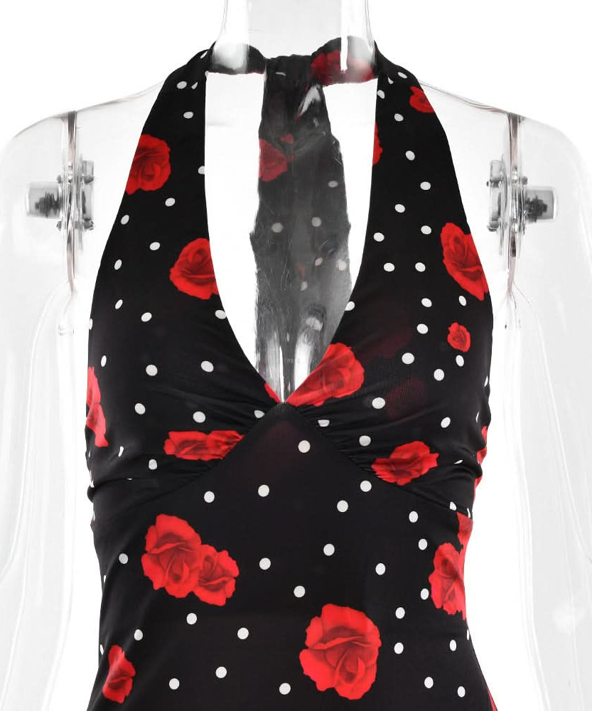 Vintage Chic Red Rose & Polka Dot Halter Maxi Dress - Fall & Holiday Glamour