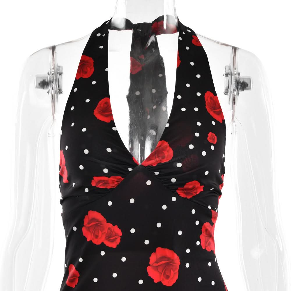 Vintage Chic Red Rose & Polka Dot Halter Maxi Dress - Fall & Holiday Glamour