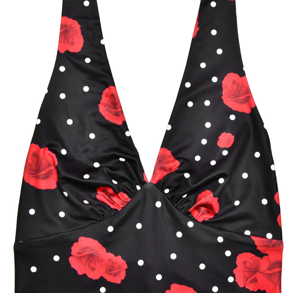 Vintage Chic Red Rose & Polka Dot Halter Maxi Dress - Fall & Holiday Glamour