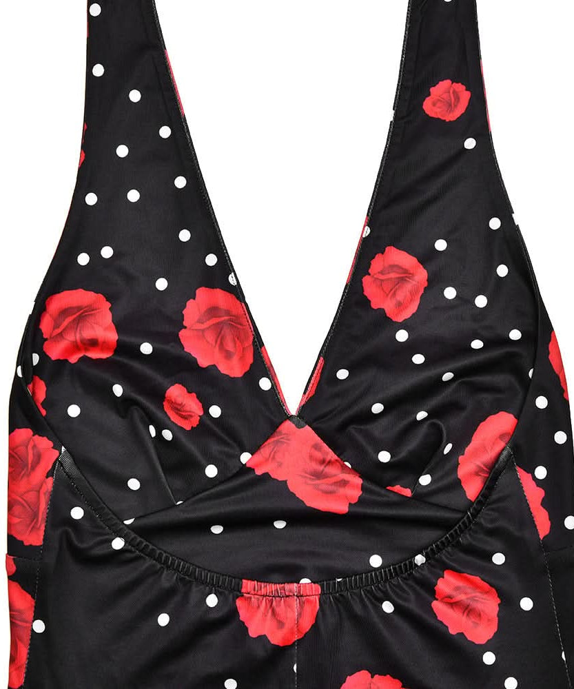 Vintage Chic Red Rose & Polka Dot Halter Maxi Dress - Fall & Holiday Glamour