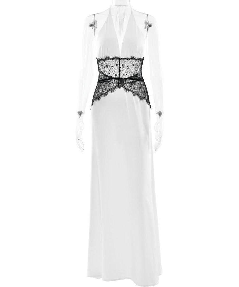 Chic White Halter Maxi Dress with Alluring Black Lace Detail - Your Holiday & NYE Glamour Statement