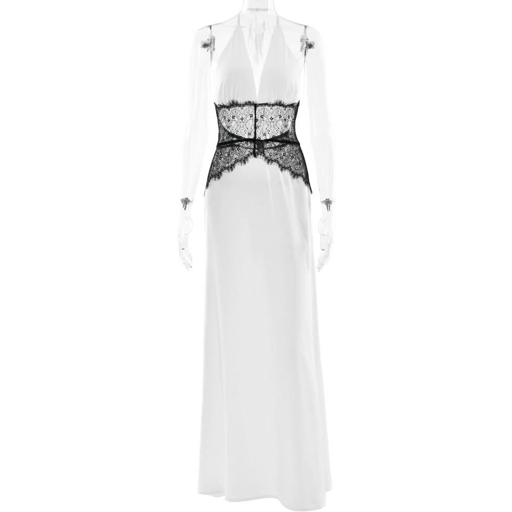 Chic White Halter Maxi Dress with Alluring Black Lace Detail - Your Holiday & NYE Glamour Statement