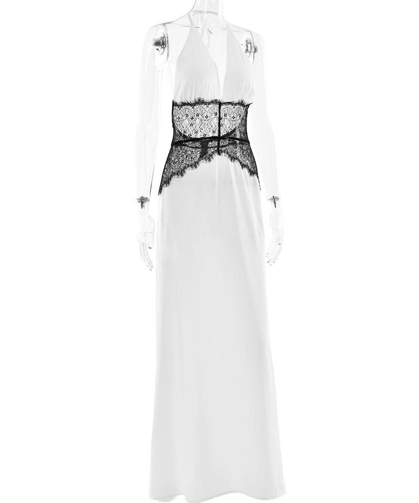Chic White Halter Maxi Dress with Alluring Black Lace Detail - Your Holiday & NYE Glamour Statement