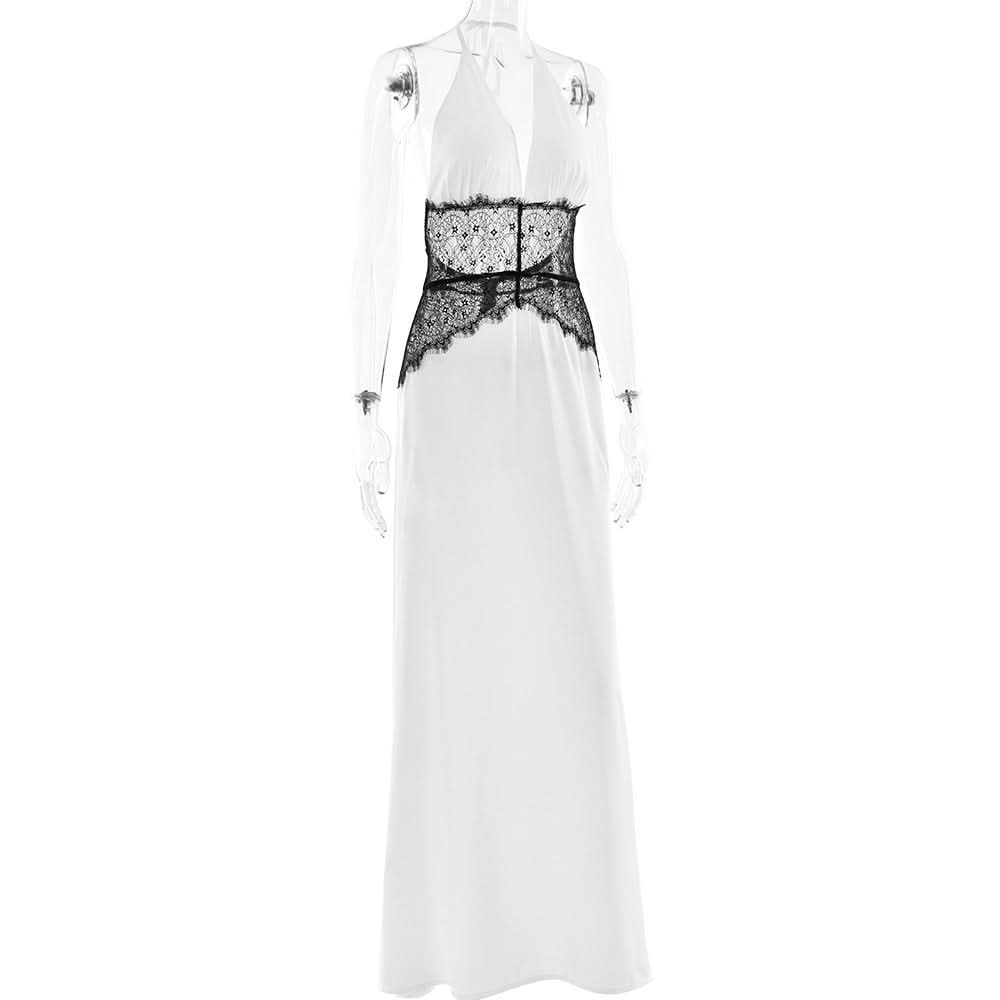 Chic White Halter Maxi Dress with Alluring Black Lace Detail - Your Holiday & NYE Glamour Statement