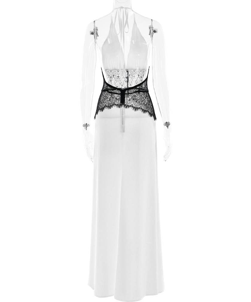 Chic White Halter Maxi Dress with Alluring Black Lace Detail - Your Holiday & NYE Glamour Statement