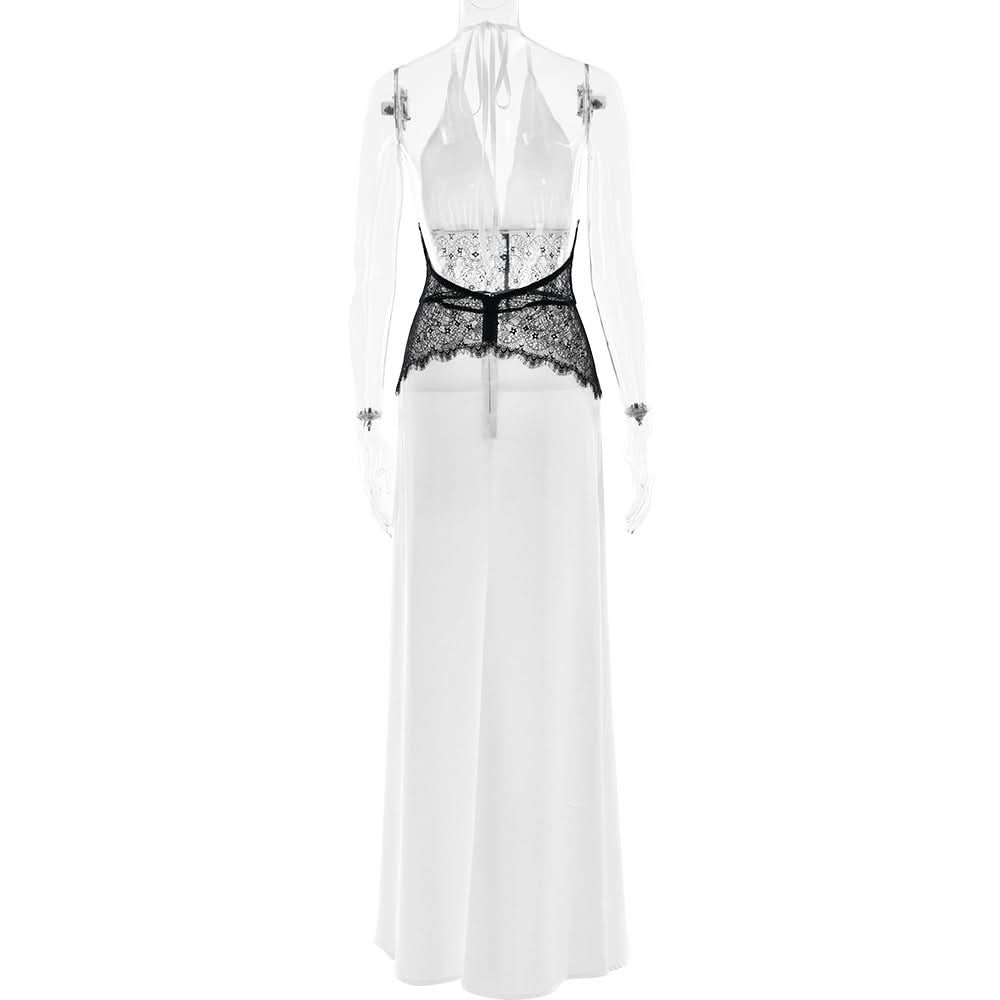 Chic White Halter Maxi Dress with Alluring Black Lace Detail - Your Holiday & NYE Glamour Statement