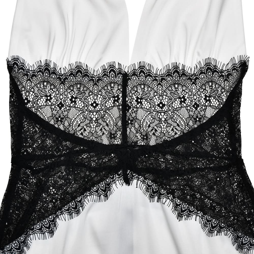 Chic White Halter Maxi Dress with Alluring Black Lace Detail - Your Holiday & NYE Glamour Statement