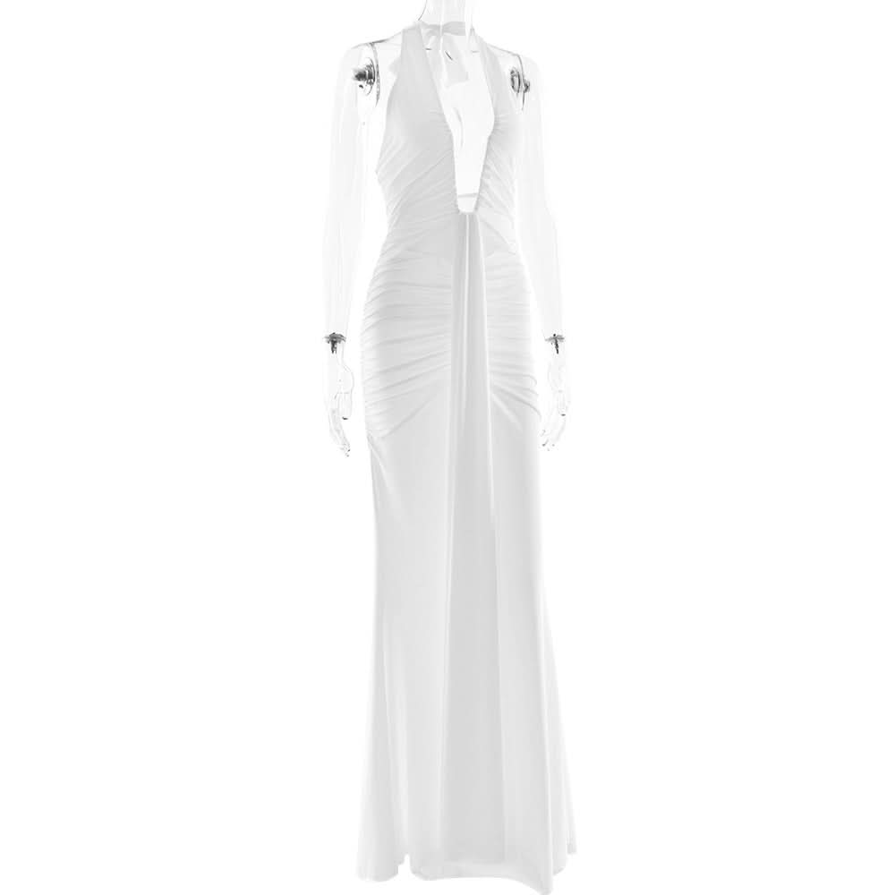 Timeless Black Halter Deep V Ruched Maxi Gown | Fall Gala & Holiday Party Glamour