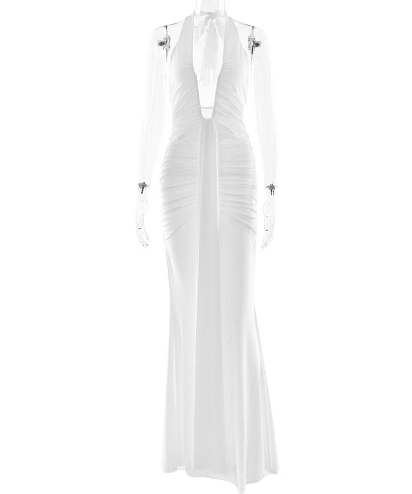 Timeless Black Halter Deep V Ruched Maxi Gown | Fall Gala & Holiday Party Glamour