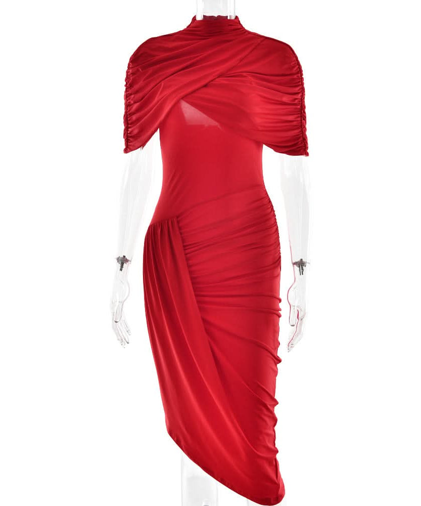 Crimson Elegance: Draped Ruched Asymmetrical Midi Dress – Perfect for Fall & Holiday Parties