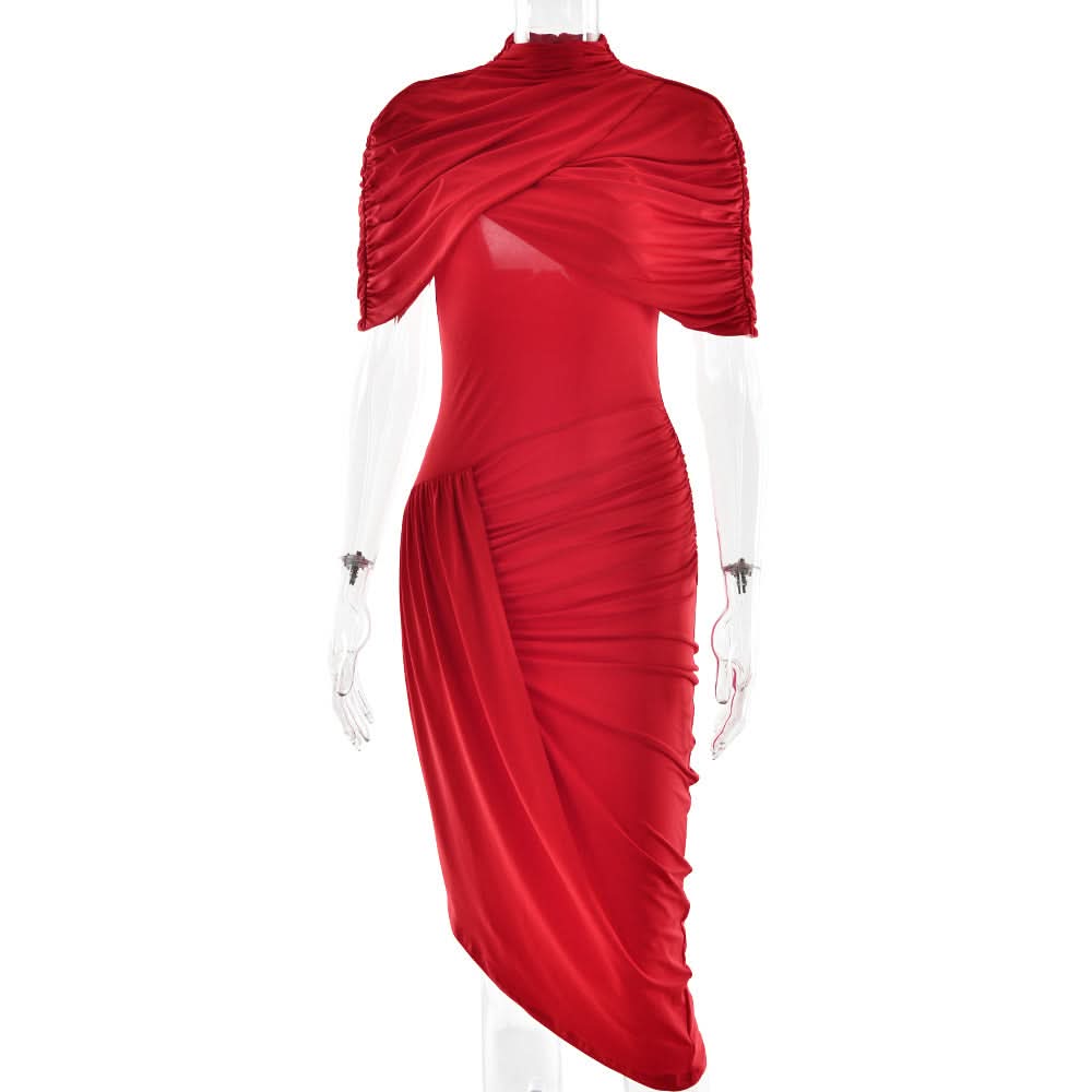 Crimson Elegance: Draped Ruched Asymmetrical Midi Dress – Perfect for Fall & Holiday Parties