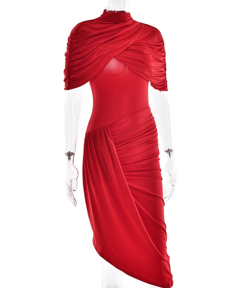Crimson Elegance: Draped Ruched Asymmetrical Midi Dress – Perfect for Fall & Holiday Parties
