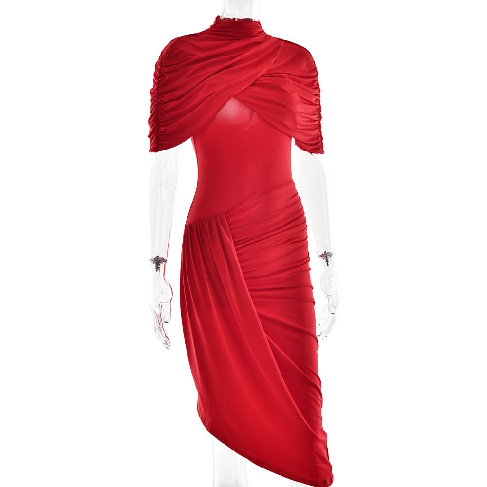 Crimson Elegance: Draped Ruched Asymmetrical Midi Dress – Perfect for Fall & Holiday Parties