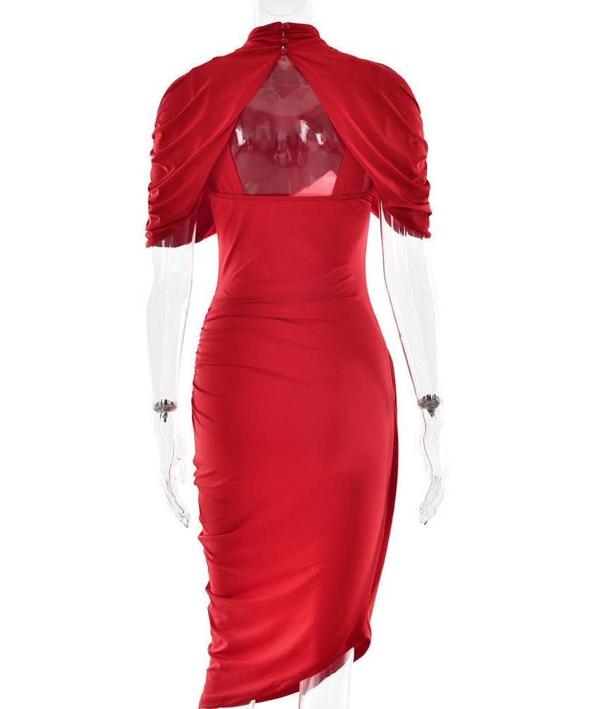Crimson Elegance: Draped Ruched Asymmetrical Midi Dress – Perfect for Fall & Holiday Parties