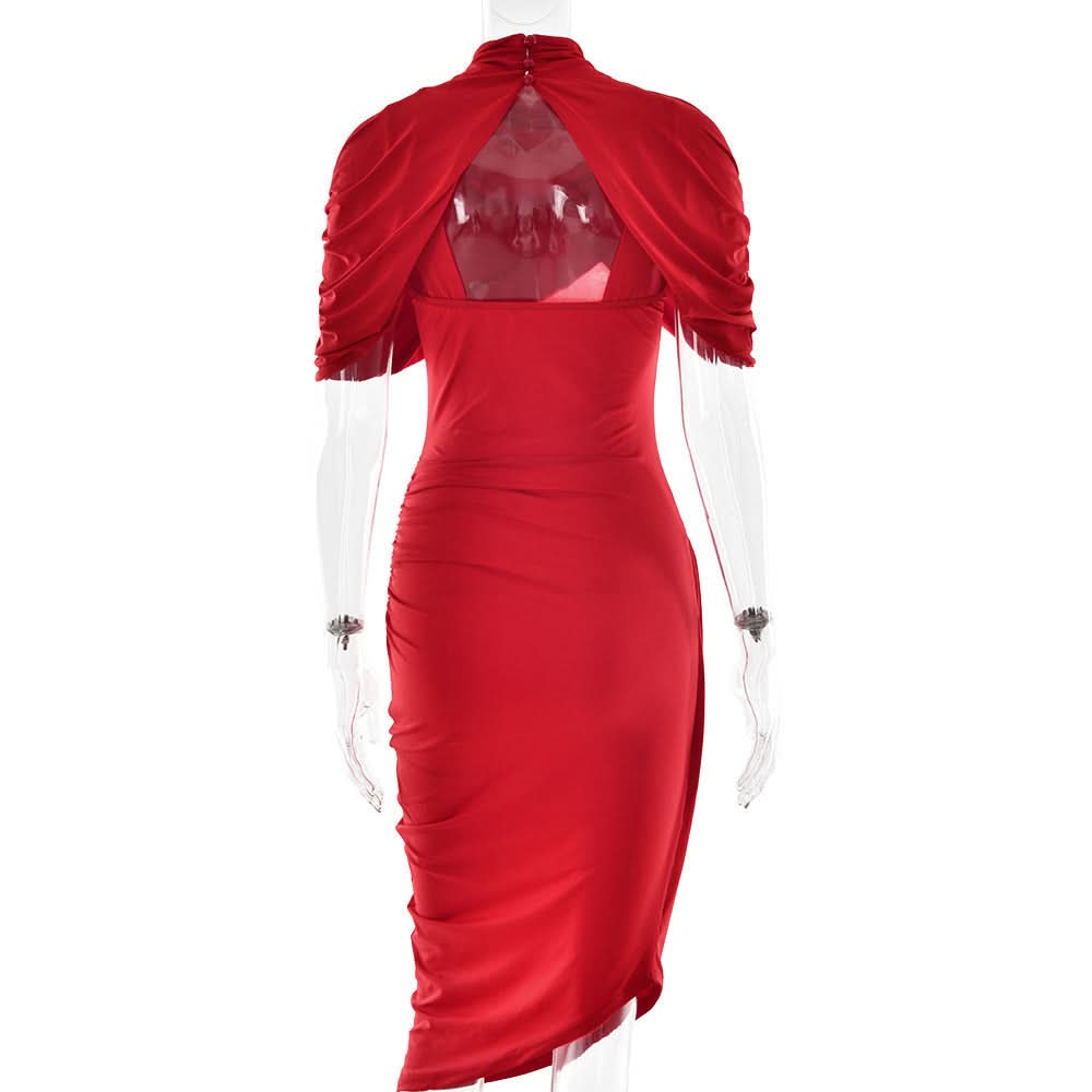 Crimson Elegance: Draped Ruched Asymmetrical Midi Dress – Perfect for Fall & Holiday Parties